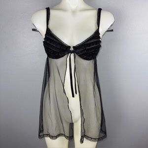 Victoria's Secret Lingerie Size 34C  Lace Trim Babydoll Split Black Sheer *READ